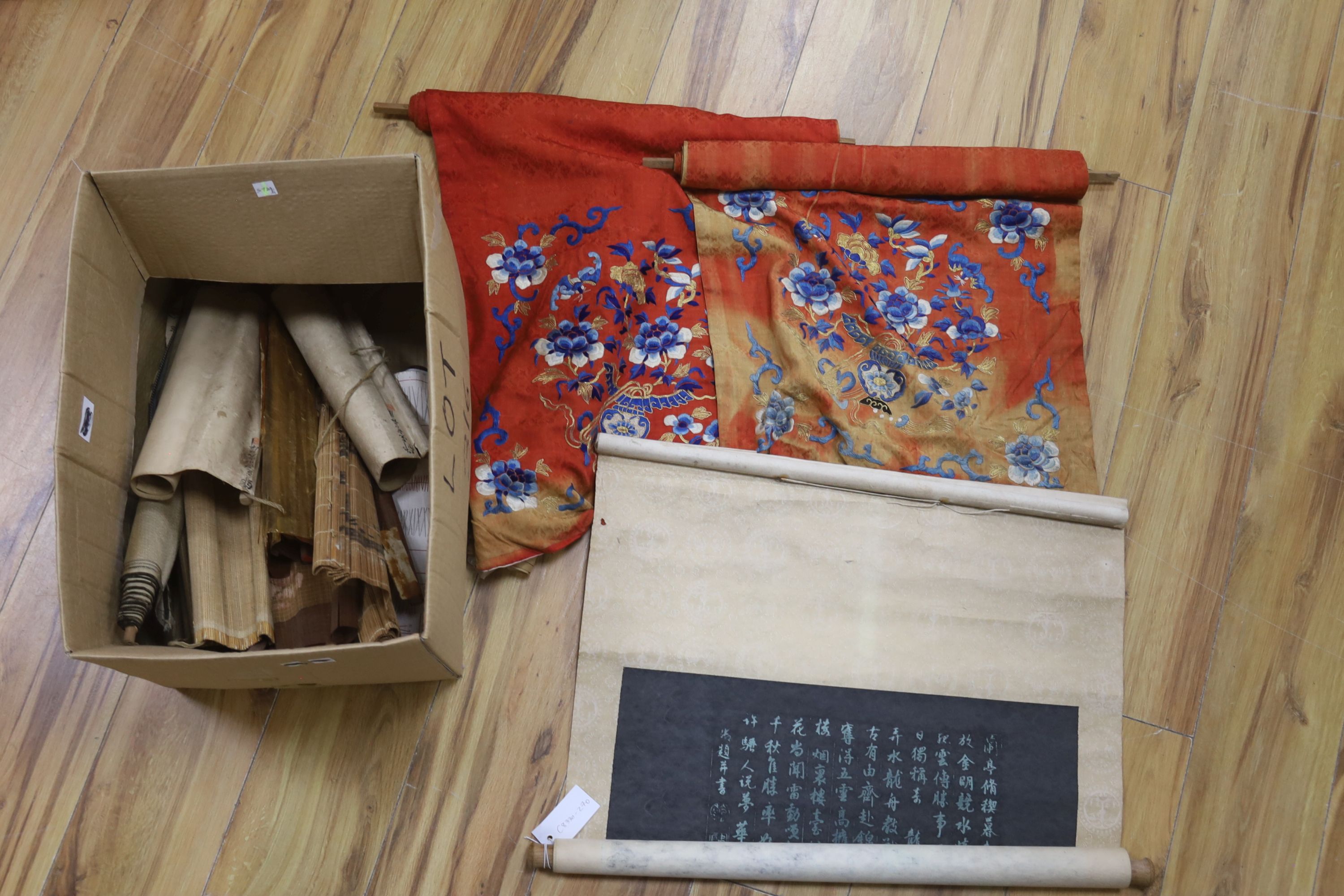 A pair of Chinese embroidered brocade panels and various printed scrolls etc.